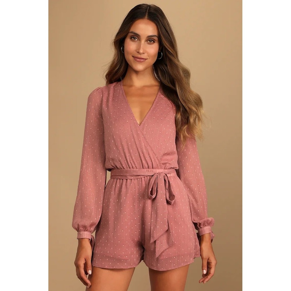 Lulus‎ | Dusty Rose Swiss Dots Metallic Tie-Sleeve Romper